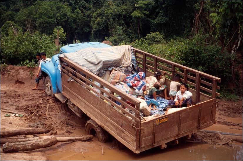 Truck stuck in mud on road from Nam Tha to Huai Xai, Laos
